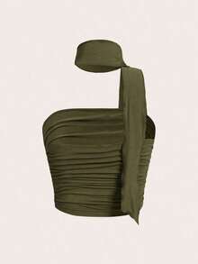 Parte superior de punto fruncida de unicolor + Gargantilla, Primavera/Verano, Parte superior elegante, Parte superior para salir, Playa, Campo, Parte superior casual, Elegante, Ropa de cumpleaños, Parte superior estilo bohemio, Parte superior f - Verde militar - Ver 2