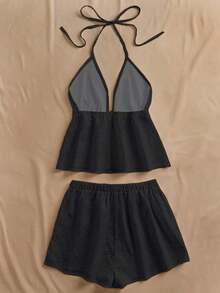 Conjunto de 2 piezas con top de cuello halter con volantes y shorts de unicolor - Negro - Ver 2