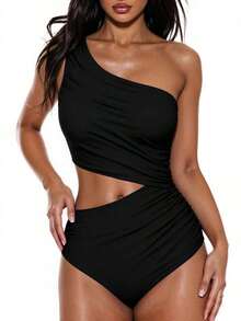 Swim 1 pieza Traje de baño de una pieza para mujer con diseño calado y fruncido en color liso - Negro - Ver 5