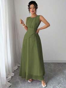 Vestido maxi casual, romántico, vintage y elegante de gasa para mujer con cordón en la cintura, para la playa, el té de la tarde, fiestas de noche, uso diario, sin mangas, de unicolor, vestido largo, primavera/verano - Verde militar - Ver 5