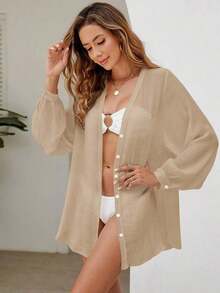 Holidaya Kimono unicolor con botón delantero - Caqui - Ver 4
