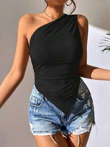 Blusa de verano casual y de vacaciones para mujer, minimalista, de unicolor, con pliegues, ajustada, con bajo asimétrico, top de un hombro, top de un hombro XXS para mujer, negro fruncido, body suit tops, tops, top de un hombro negro - Negro 3 - Ver 5