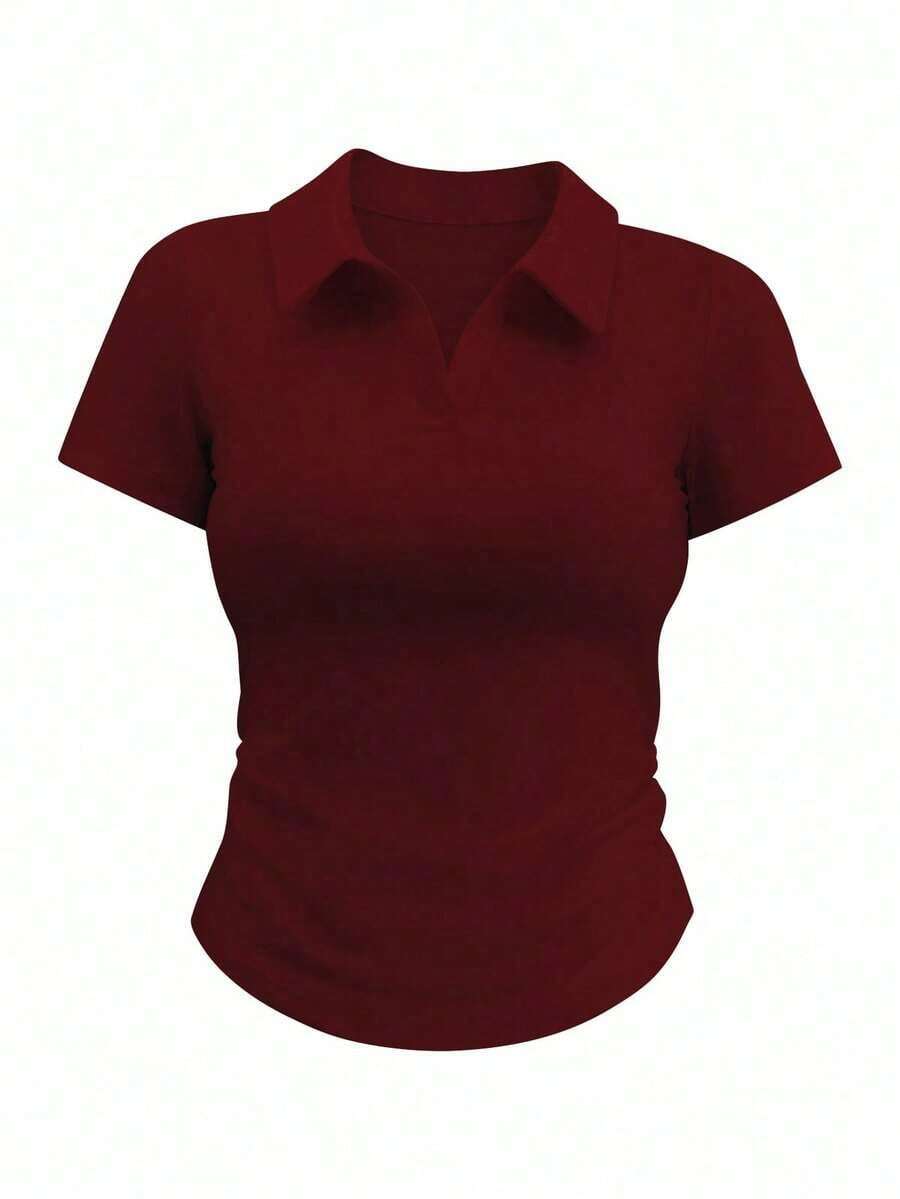 Camiseta de manga corta minimalista de unicolor para mujer, uso casual de todos los días - Burdeos - Ver 1