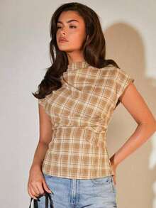 Blusa plisada con cuello para mujer, elegante para la oficina, artículo de moda versátil, adecuado para el trabajo, salidas casuales, fiestas, con estampado de cuadros marrones - Caqui - Ver 4