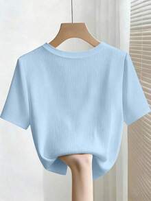 Camiseta de manga corta con cuello redondo ajustado, con cuentas y acanalada, elegante para mujeres - Azul - Ver 2