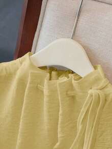 Blusa blanca elegante sin mangas, de cintura elástica, cuello suelto con cordón, de tejido texturizado para mujeres, primavera/verano - Amarillo - Ver 5