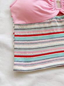 2 piezas Conjunto de camiseta de tirantes y pantalones cortos de punto a rayas con hebilla de metal, estilo casual de vacaciones, adecuado para fiesta, San Valentín, cita, discoteca, bohemio, vacaciones, otoño, ropa de mujer, vintage, días fest - Multicolor 4 - Ver 6