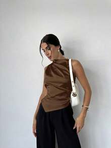 Camisa de satén con cuello plisado, sin mangas, elegante y sencilla, con dobladillo entallado, para oficina, en color beige - Café integral - Ver 5