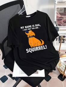 Image Of A Friendly Animated Dog Named Dug That Conveys Joy, Energy And A Touch Of Humor With A Funny Phrase, Ideal For Those Who Love Animals And Are Looking For A Comfortable And Expressive Casual Women's T-Shirt For Everyday Wear - 黑色 - 查看 3