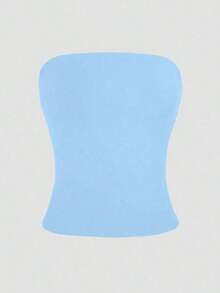 Camiseta sin tirantes sexy básica, top tubo ajustado de unicolor y elástico a la moda, adecuado para mujeres en todas las estaciones, casual negro de verano - Azul cielo - Ver 8