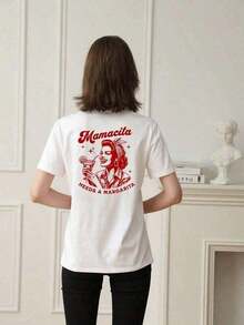 Camiseta de manga corta con cuello redondo y estampado de letras para mujer, moderna y versátil, imprescindible para vacaciones y uso diario, que muestra fácilmente un estilo urbano. Camiseta para el verano. - Blanco - Ver 2