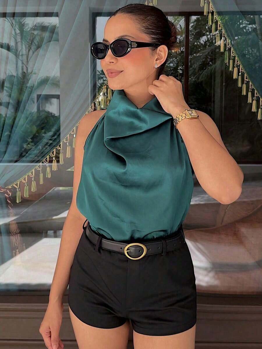 Camiseta sin espalda de satén negro para mujer, Camiseta de tirantes para playa de verano para mujer, Camiseta de tirantes finos con hombros descubiertos de color rosa para mujer - Verde - Ver 1
