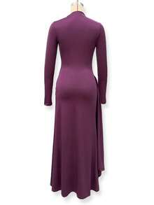 Vestido otoño-invierno cuello alto manga larga con cintas plisado ajustado estilo elegante moda europea para mujer - Morado - Ver 8