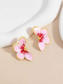 1 Pair Elegant Delicate Pink Glazed Floral Earrings, Ideal Jewelry For Women On Valentine's Day, Vacation, Party - Pink - View 5