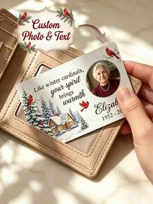 1PC Custom Memorial Aluminum Wallet Insert Card, Personalized Photo & Text Sympathy Keepsake, Custom Name & Date Memory Card, Winter Cardinal Snow Scene Design, Lightweight Aluminum, Slim Wallet-Sized, Scratch-Resistant - Silver - View 2