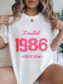 Camiseta Casual Estampada de Moda para Mujer, Edición Limitada 1986, Adecuada para Todas las Temporadas  
 -Blanco - Blanco - Ver 7
