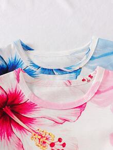 4pcs/Set Kaos Asimetris Motif Hibiscus untuk Anak Perempuan dan Celana Pendek Warna Polos - MultiWarna - View 4