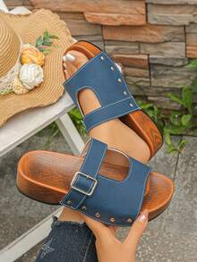 2026 Summer New Vintage Distressed Faux Wood Grain Brown Thick Sole Casual Sandals, Rivet Decor Outdoor Fashion Platform Wedge Slippers, Matte Comfortable High Heel Slides For Daily, Vacation Wear - Blue Matte Finish - Open Front - View 3