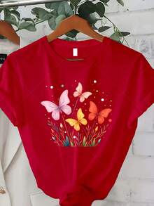 Women's Plus Size Classic T-Shirt With Butterfly Garden Print - Casual Short-Sleeve Crew Neck Top With A Vibrant Floral And Butterfly Design, Ideal For Summer And Fall Wear, A Great Gift For Thanksgiving, Christmas, Or New Year's. Bestseller. - 紅色 - 查看 7