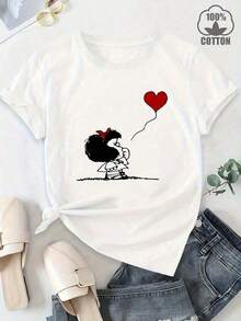 Limited Edition Women's Fashion Casual Short Sleeve Loop Mafalda T-Shirt - Round Neck With Fun Graphic Print, Breathable And Machine Washable, Urban Fashion White Blouse For Everyday Comfort, Playful Design, Comfortable Fit, Relaxed Style, For Fashion Lovers. New Loose And Versatile Top. Lightweight Cotton - 白色的 - 查看 6