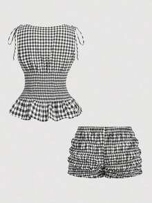 MOD Conjunto de 2 piezas de top sin mangas y shorts con estampado de lunares en contraste para mujer - Marrón - Ver 10