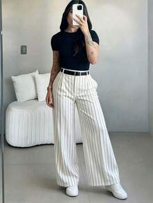 anchos de cintura alta y ajuste delgado para mujer, estilo callejero bohemio, adecuados para uso casual, ir al trabajo y vacaciones en primavera/verano en color blanco - Blanco 2 - Ver 3