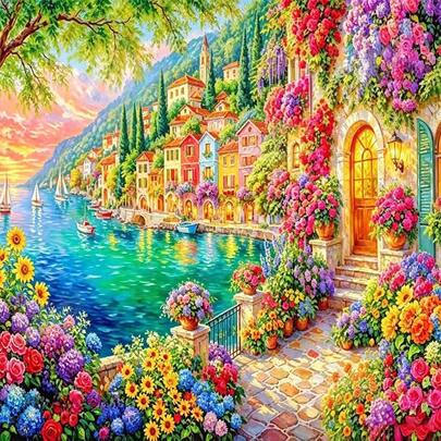 New 5D DIY Diamond Painting Kit - Mediterranean Landscape Floral Town, Acrylic Diamond Art Mosaic Craft, Living Room/Bedroom Home Decor Painting, Gift For Mom, Frameless
