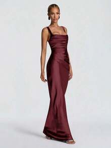 Red Satin Square Neck Maxi Dress, Ruched Bodycon Formal Evening Gown With Gloves - Burgundy - View 3