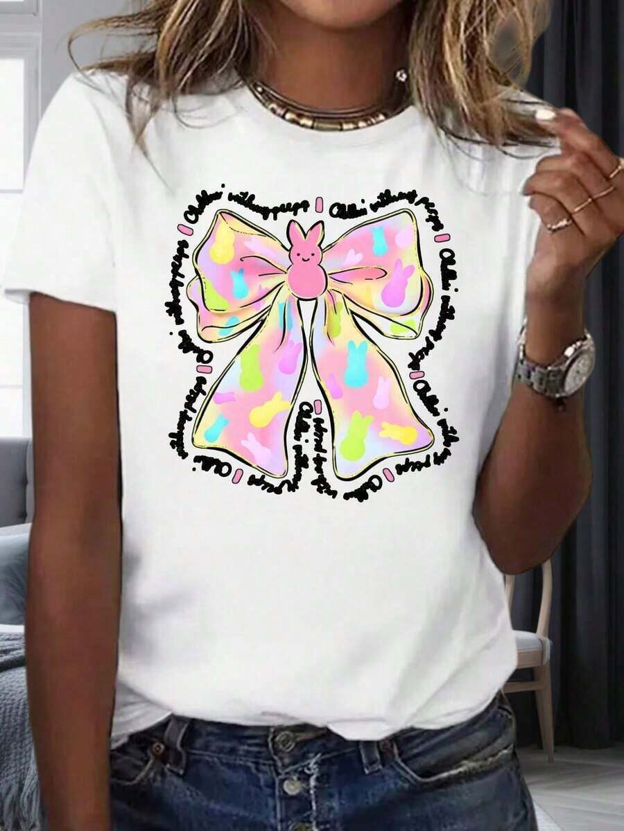 Camiseta Colorida con Lazo y Diseño de Conejo para Mujer, Top Casual de Verano, Camiseta Gráfica de Moda, Feliz Día de San Valentín, 220g, 100% Algodónropa de calor mujer - Blanco - Ver 1
