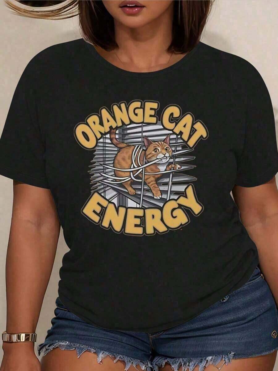 New Women's Cotton Crew Neck T-Shirt, Casual Short Sleeve Style, Basic And Modern, With Orange Cat Print, Suitable For Spring And Summer, Sporty Short Sleeve, Korean Fashion For Women, Cotton Clothing For Women, Outfit For Mother's Day 2026 - 黑色 - 查看 1