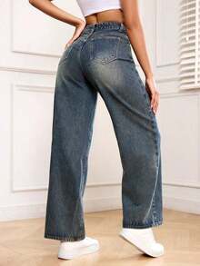 PETITE Jeans rectos de pierna derecha lavados de manera casual - Azul lavado oscuro - Ver 3