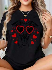 short sleeves1 pieza de camiseta de talla grande para el Día de San Valentín con estampado de huellas de perro y mensajes de amor, regalo de San Valentín para amantes de los perros, camiseta con diseño de mascotas adorables, frases románticas y corazones, perfecta para el Día de San Valentín y dueños de mascotas, 180g, 100% algodón suave. Ocio - Negro1 - Ver 1