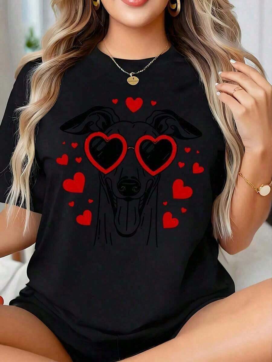 short sleeves1 pieza de camiseta de talla grande para el Día de San Valentín con estampado de huellas de perro y mensajes de amor, regalo de San Valentín para amantes de los perros, camiseta con diseño de mascotas adorables, frases románticas y corazones, perfecta para el Día de San Valentín y dueños de mascotas, 180g, 100% algodón suave. Ocio - Negro1 - Ver 1
