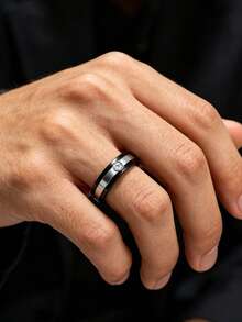 1pc Men's Two-Tone Stainless Steel Ring, Black Band With Silver Stripe & CZ, Ideal For Office & Formal Wear - Multicolor - View 2