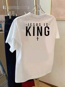 Premium Unisex Casual T-Shirt For Women, Christian Print "Jesus Is King" On Front And Back, Fashionable Short Sleeves, Double-Sided Design - Personalized Style, Everyday Wear For Women - Casual Crew Neck T-Shirt, **Low Elasticity Fabric** - Comfortable, Fitted And - 白色 - 查看 3