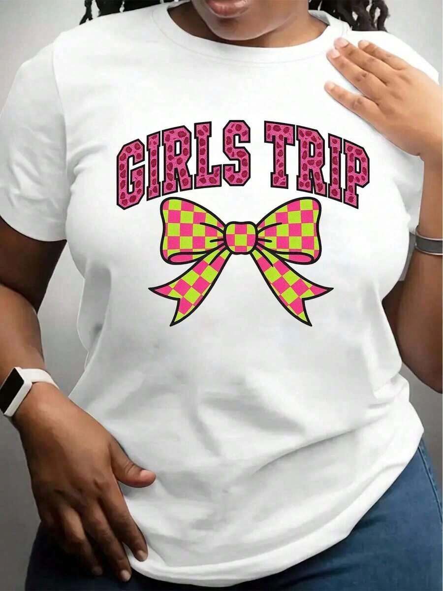 Camiseta Blanca con Estampado de Leopardo Rosa y Lazo a Cuadros Neón - Perfecta para Fiestas de Solteras, Escapadas con Amigas y Salidas Divertidas de Chicas - Blanco - Ver 1