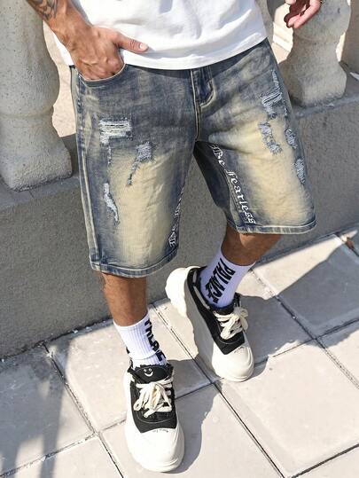 Distressed Yellow Denim Shorts, Vintage Ripped Letter Print Denim Shorts, Streetwear Washed Retro Denim Shorts, Hip Hop Street Style Jeans Shorts, Versatile Casual Wear, Suitable For Summer
