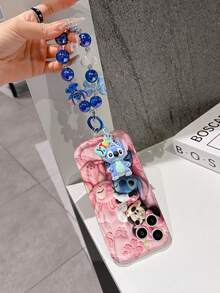 Disney Lilo & Stitch Phone Case With Stitch, Angel And Minnie Charm And Stitch Lanyard - Cute Stitch, Angel And Minnie Protective Case With Pink Floral And Butterfly Background Design, Equipped With Delicate Stitch Decorative Lanyard And Beaded Bracelet For Easy Carrying, Compatible With IPhone 17, 16, 15, 14, 13, 12, 11 Pro Series, Ideal For Birthdays, Holidays, Anniversaries, Graduation Gifts, Or Any Special Occasion To Surprise Family, Friends, Classmates, And Loved Ones. - White - View 5