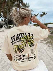 Women's Loose-Fitting Tropical Vacation T-Shirt, Lightweight And Comfortable, With Short Sleeves And A Round Neck, Printed With A "Hawaii 1968" Palm Tree Motif. Popular Island Street Fashion Style, Suitable For Hawaiian Parties, Beach Weddings, Cruises, And Casual Summer Vacations. - Nude - 查看 6