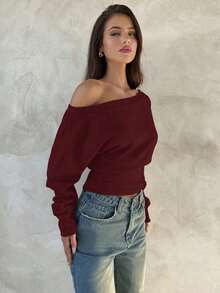 Top de manga larga asimétrico de hombro de punto de color albaricoque para mujer, otoño/invierno - Burdeos - Ver 4