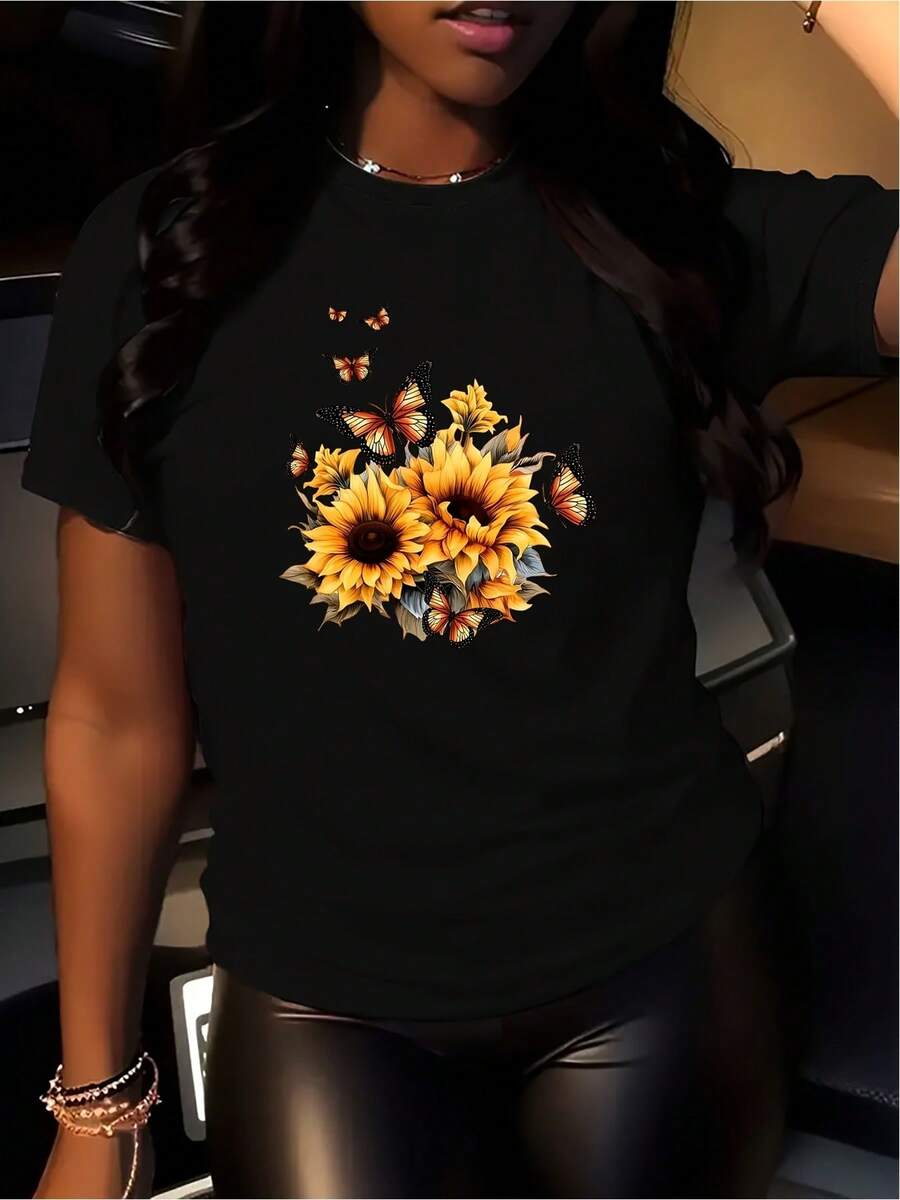 1 camiseta de mujer con diseño floral de girasol, cuello redondo casual con mangas cortas, i parrimavera. Esta sudadera ligera es perfectara el uso diario (corte hoado; por favor, consulte el gráfico de tallas).
