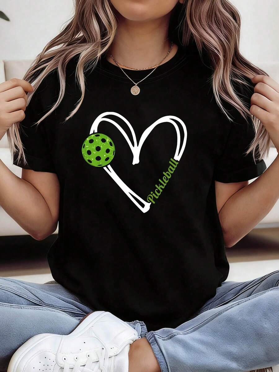 Competición de Pickleball: La Apasionada Declaración de un Joven Atleta. Camiseta de primavera-verano de cuello redondo, estilo deportivo Pileball, con estampado, para mujer de talla grande. Alegre, adecuada para salir, actividades al aire libre, ir al trabajo, versátil, atuendo elegante. ZN1P - Negro - Ver 1