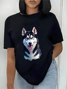 Camiseta elegante de manga cortara mujer en color blanco con estampado chic de perro - Tejido suave y elástico, top hoado de cuello redondo compatible con blusa | Camiseta ligera lavable a máquina adecu para uso diario, atuendos casuales de verano y para usar en capas - Negro - Ver 2