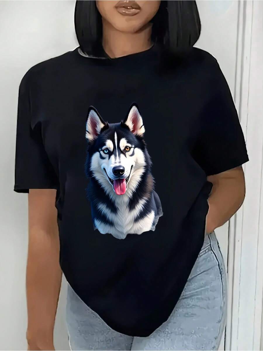 Camiseta elegante de manga cortara mujer en color blanco con estampado chic de perro - Tejido suave y elástico, top hoado de cuello redondo compatible con blusa | Camiseta ligera lavable a máquina adecu para uso diario, atuendos casuales de verano y para usar en capas