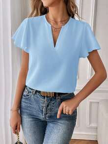 Camisa de mujer de unicolor con escote en V entallado y manga corta, informal y adecuada para el trabajo, blusas de manga corta - Celeste - Ver 4
