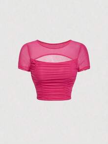 Camiseta De Malla Plisada Ahuecada Para Mujer - Rosa Fucsia - Ver 5