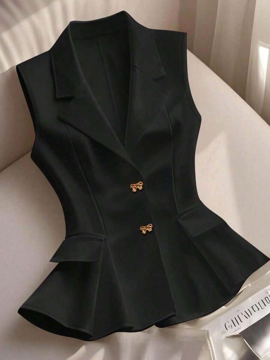 Blazer blanco ajustado de línea A con cuello en V francés, elegante, con lazo y botones sin mangas para mujer, para primavera/verano - Negro - Ver 1