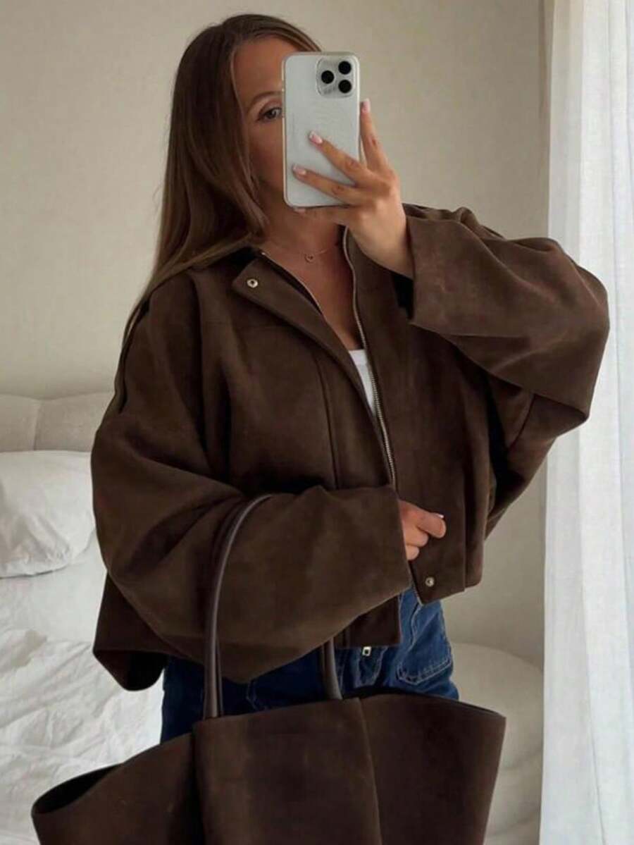 女款高街休閒麂皮夾克,時尚素色翻領長袖拉鍊外套,春/秋度假新款優雅外衣 - 咖啡棕 - 查看 1