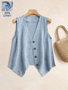 Chaleco de lino casual para mujer, estilo corto para primavera y verano - Niebla azul - Ver 7