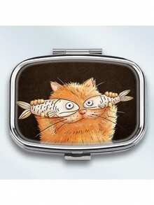 1pc Cat & Fish Design Portable Pill Box, Suitable As Wallet Or Pocket Travel Gift, 2 Compartment Square Pill Case, Organizer Gift For Friends And Family - Multicolor - View 9